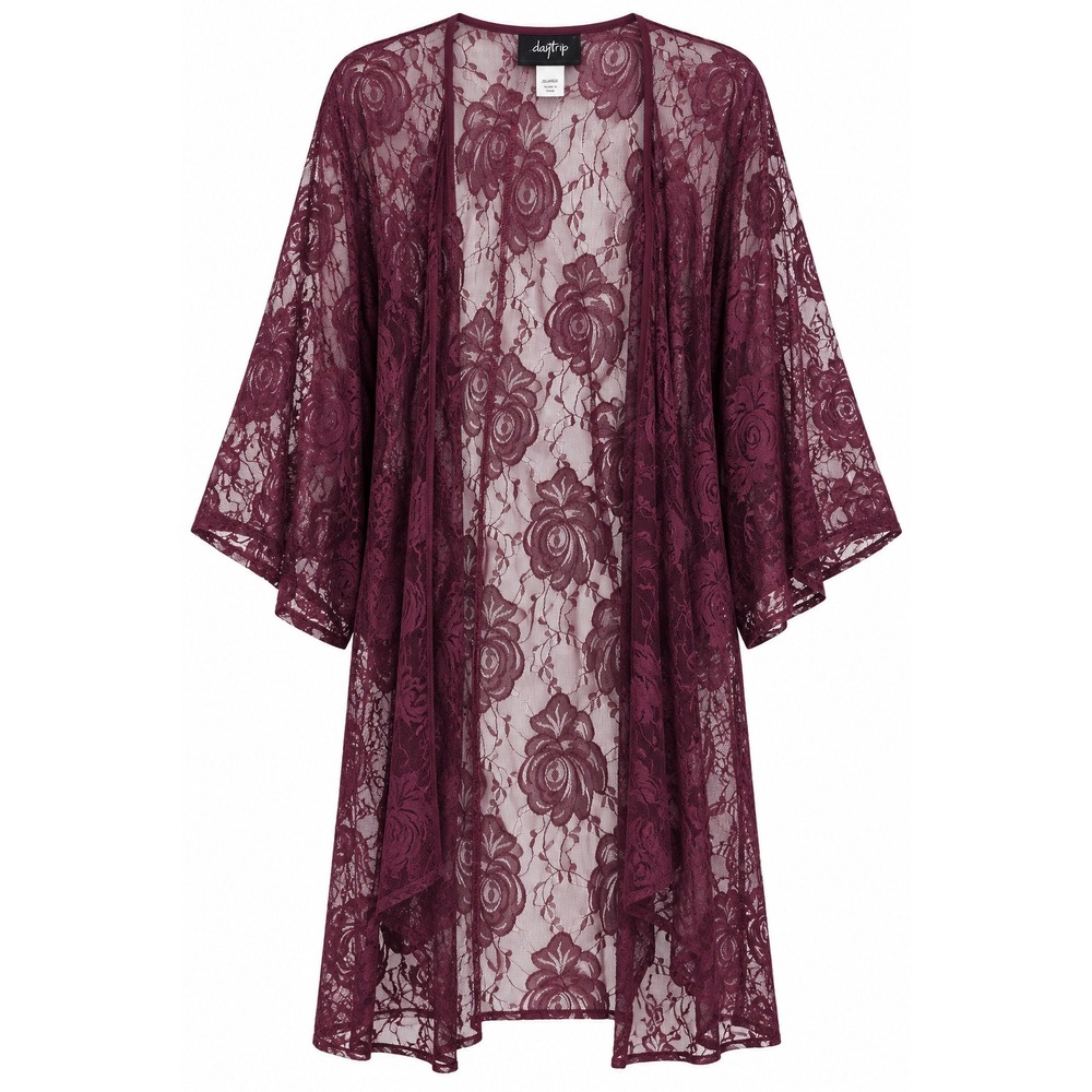 NEW Daytrip Womens XL Burgundy Floral Lace Kimono Open Front Cardigan Sheer Rose